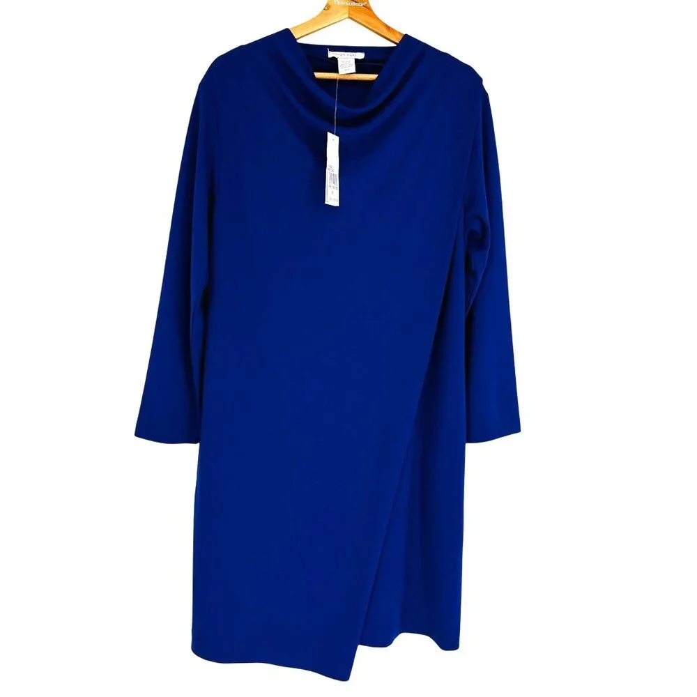 Joan Vass Drape Front Cobalt Blue Long Sleeve Elegant Professional Dress New 2P - Picture 1 of 9